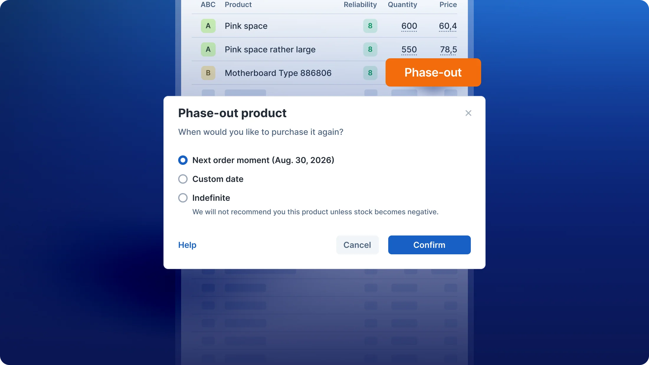 Phase-out product dialog with next order moment, custom date and indefinite options