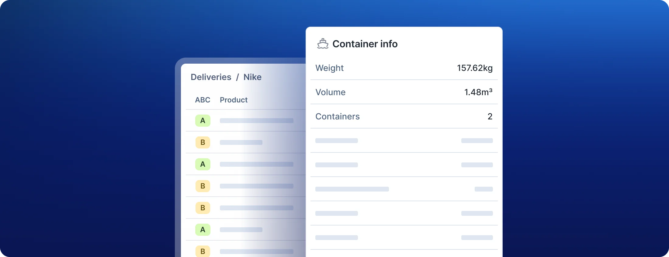 Container info panel on the Deliveries page showing weight, volume and number of containers
