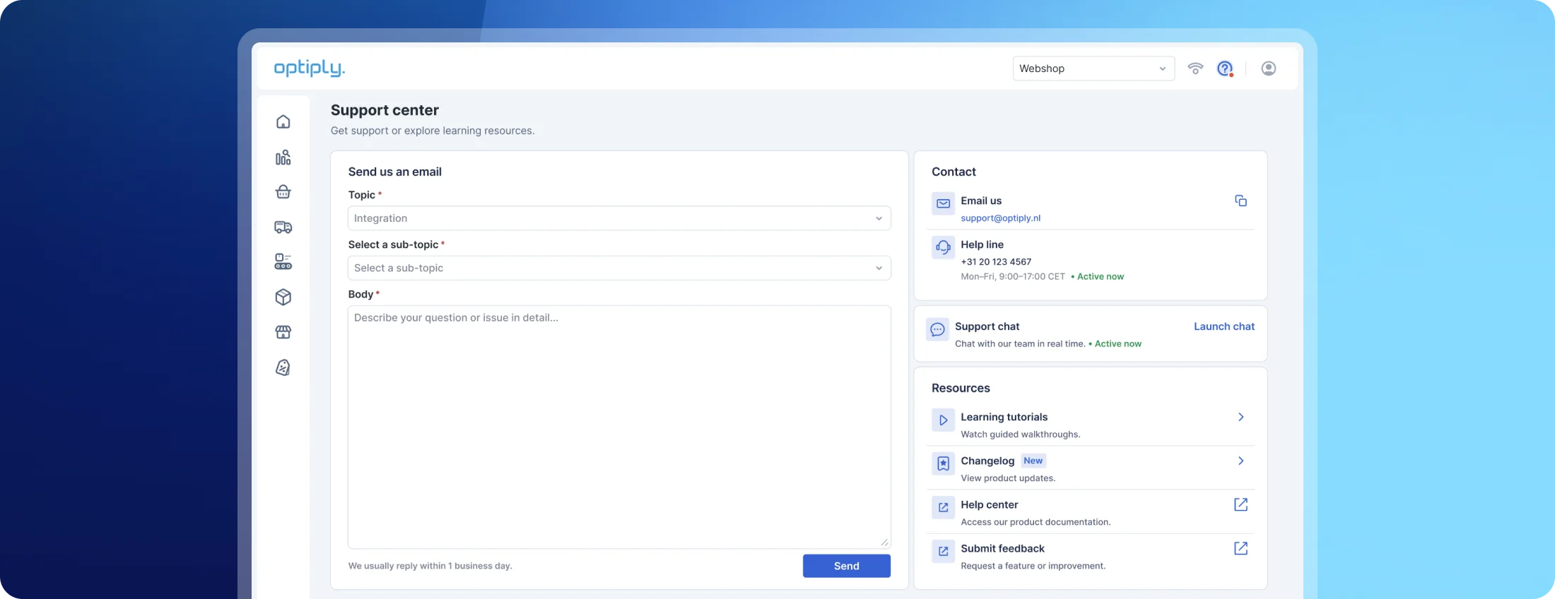 Optiply Support center with email form, support chat and learning resources