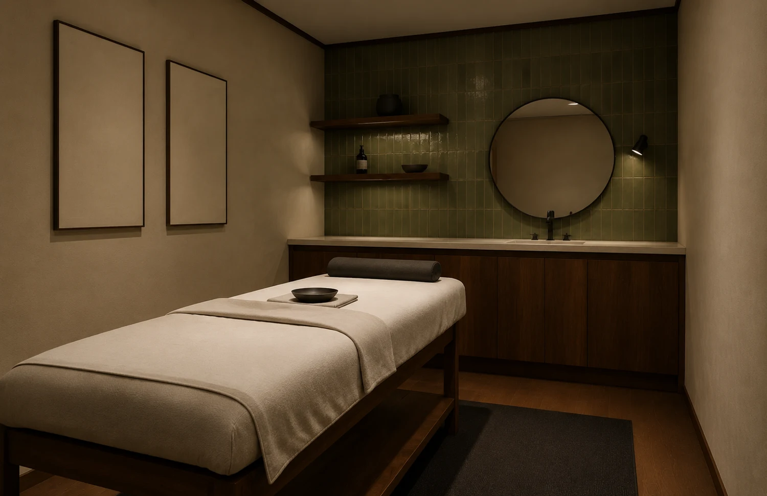 Design rendering of a planned Interval treatment room with oakmoss tile and a treatment bed