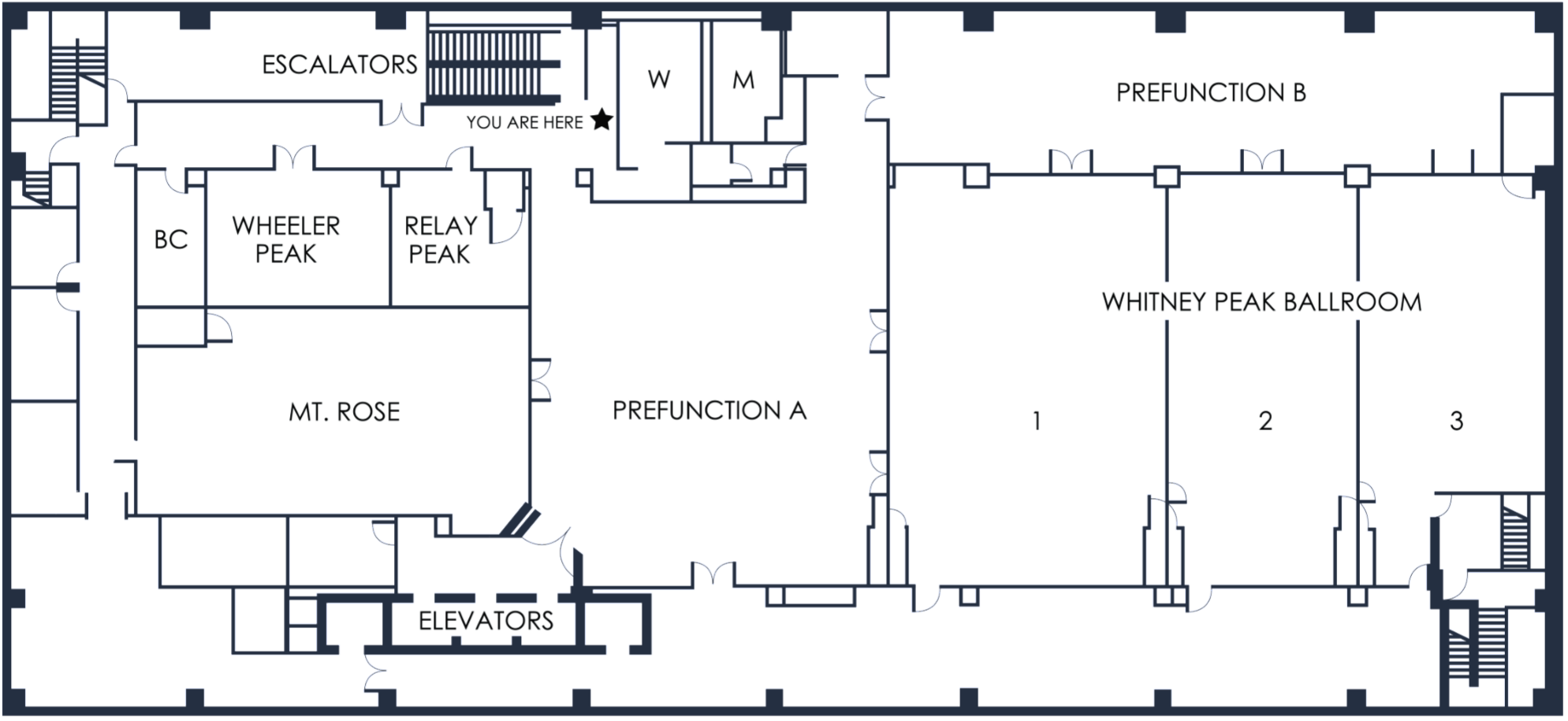Source third-floor plan with Whitney Peak Ballroom sections 1, 2 and 3 to the right, pre-function areas in the center and top, and Mt. Rose, Wheeler and Relay to the left