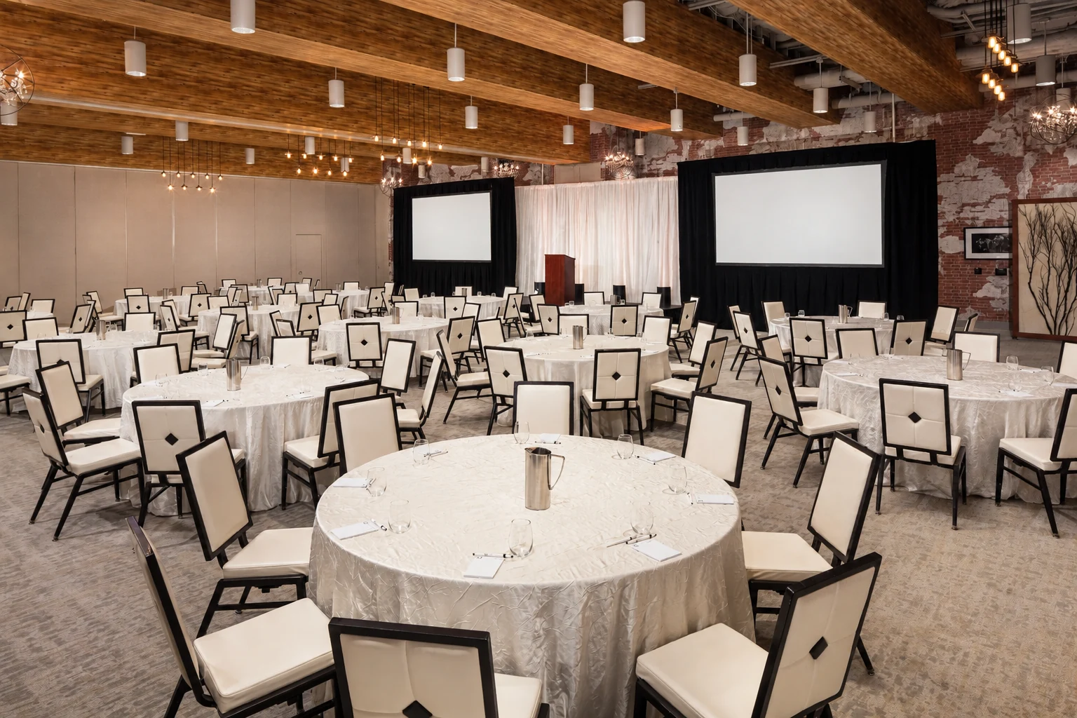 A round-table banquet setup on The Third Floor at Whitney Peak