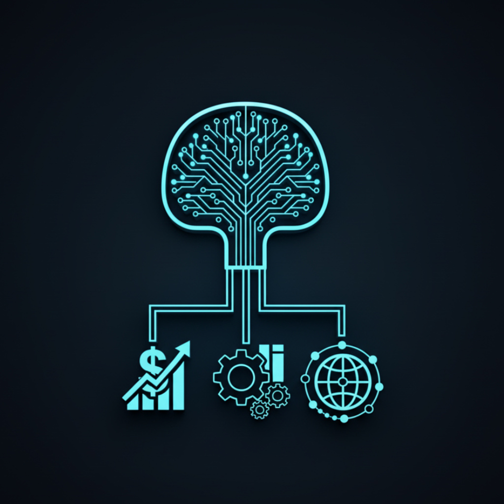 Glowing neon blue circuit board shaped like a brain connected to icons of a rising financial graph with dollar sign, gears, and a globe.