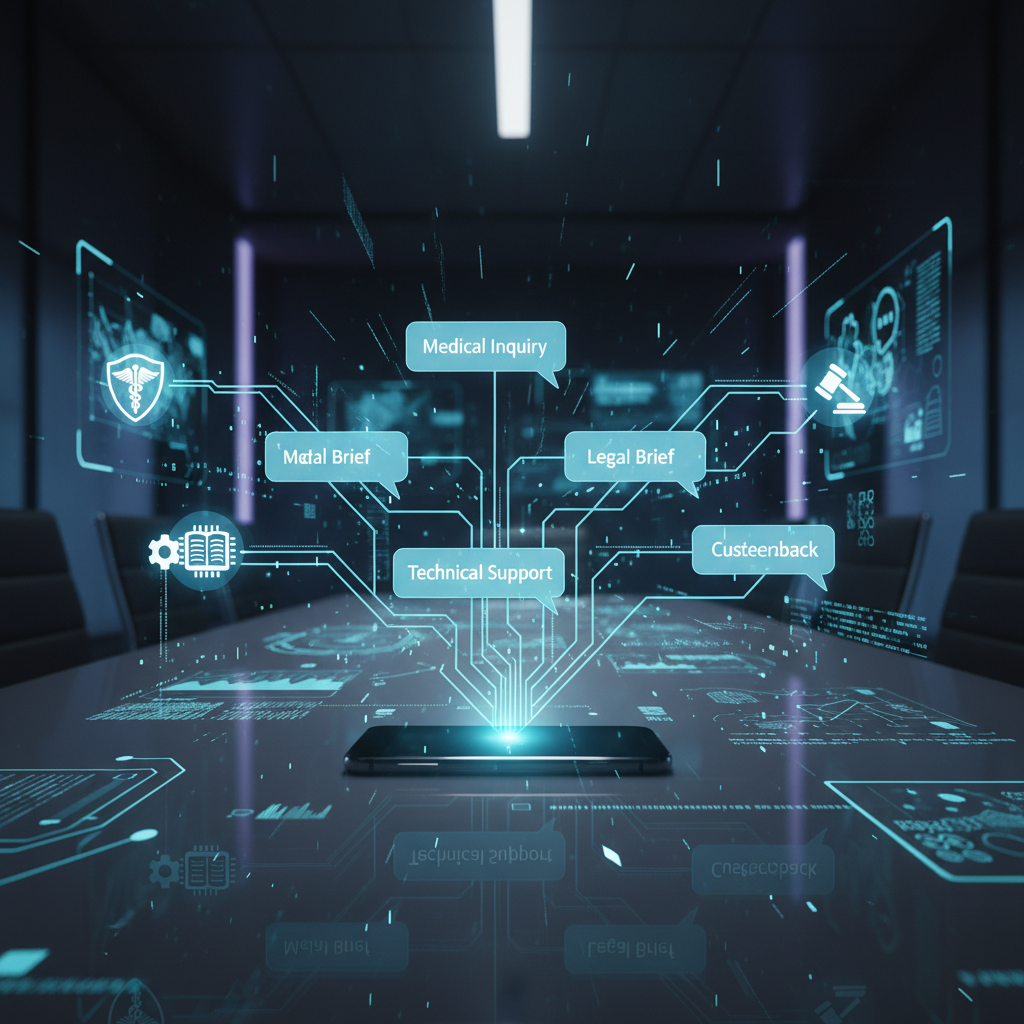 Smartphone on a conference table projecting holographic icons and labels related to medical inquiry, legal brief, technical support, and customer feedback in a futuristic office.