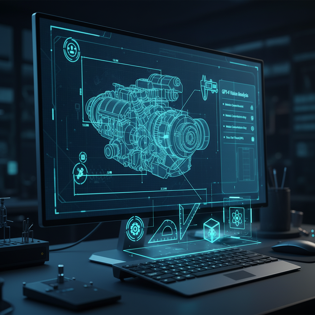 Computer desk setup with a monitor displaying a detailed 3D holographic engine blueprint and technical drawings, accompanied by futuristic digital tools on the keyboard.