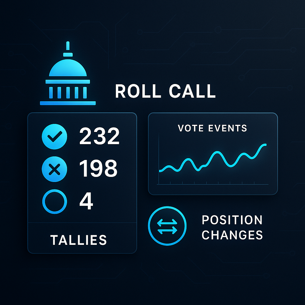 Legislative vote tracking visualization with roll call tallies, vote event timelines, and position change detection