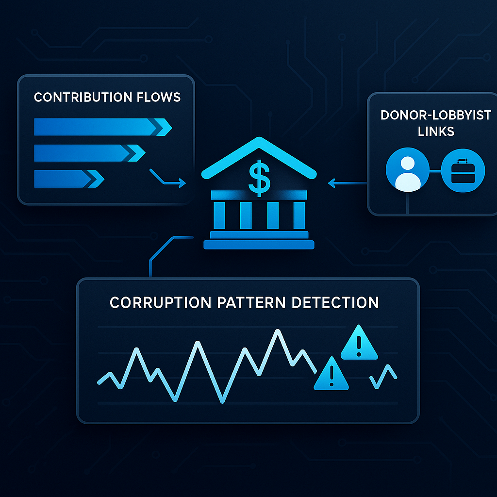 Campaign finance data dashboard showing contribution flows, donor-lobbyist links, and corruption pattern detection