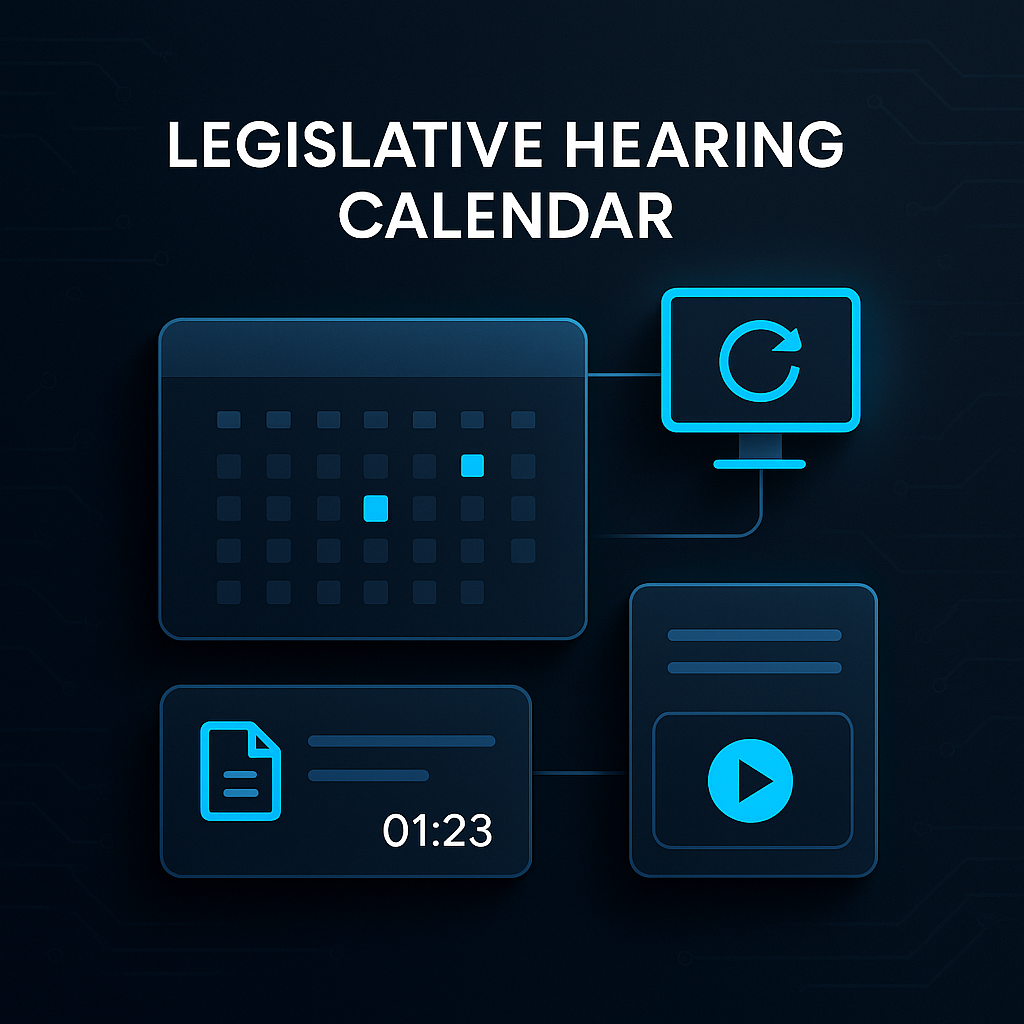 Legislative hearing calendar with live schedule sync, document attachments, and timestamped video links