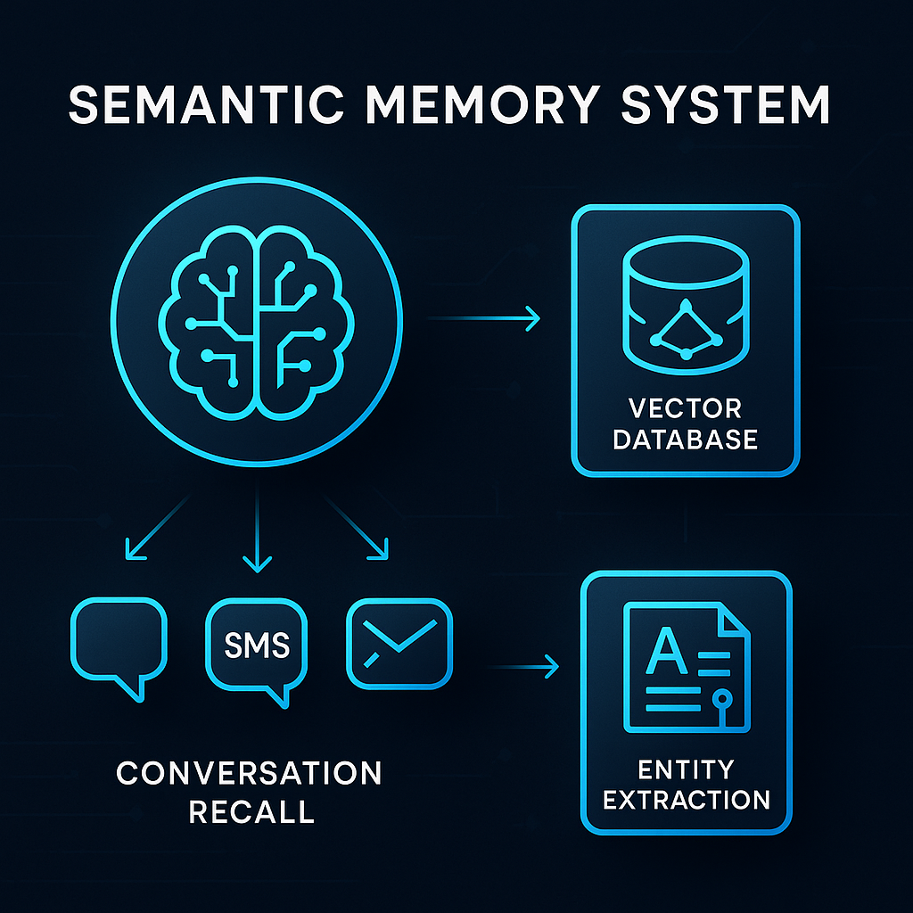 Semantic memory system with vector database, conversation recall across web SMS and email channels, and entity extraction