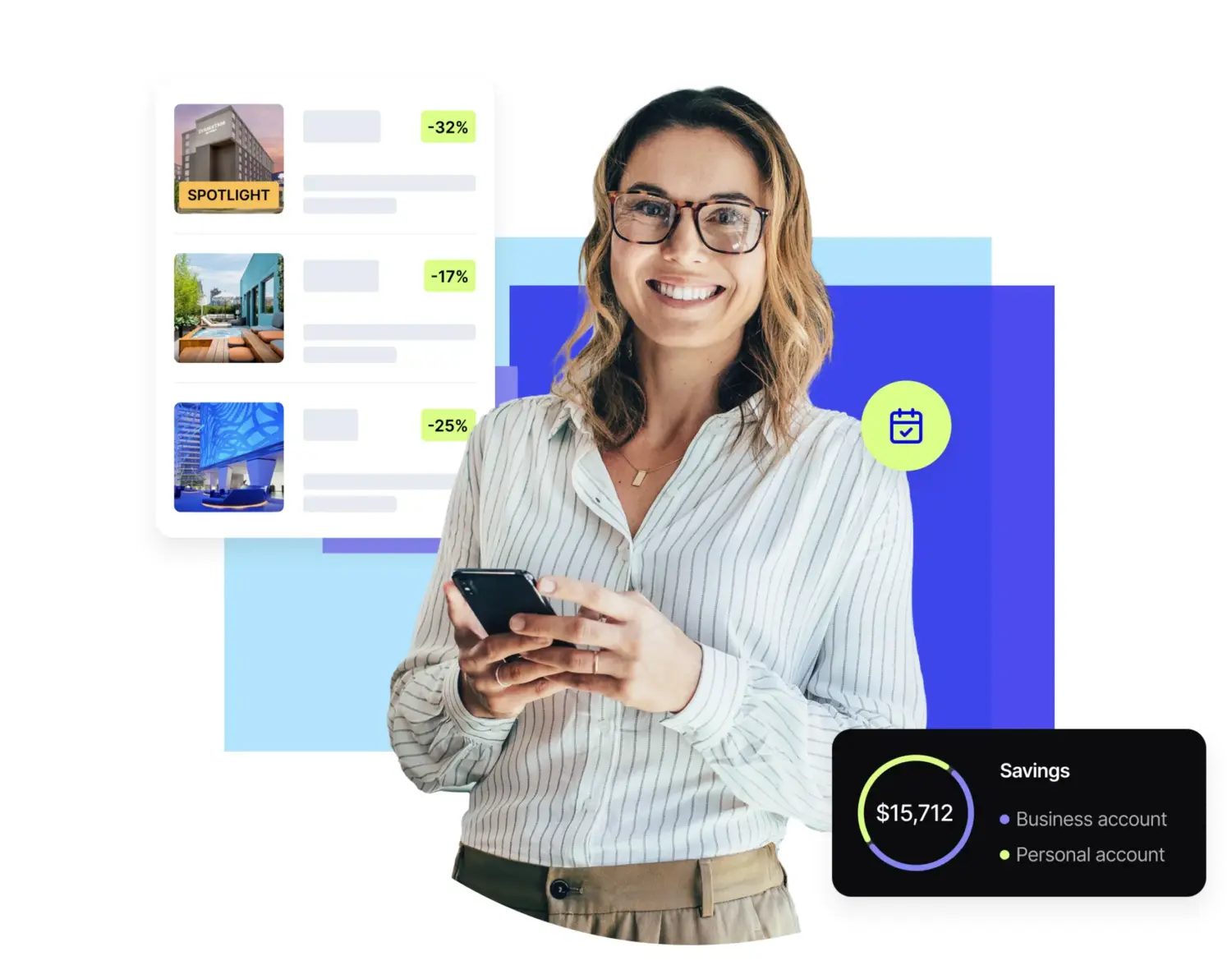 A woman with her phone, and hotels to book in the background