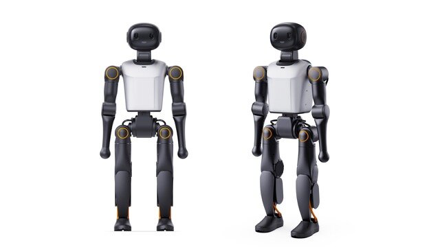 Booster K1 humanoid robot, front and rear views on a plain background — 95 cm, 19.5 kg, 22 degrees of freedom