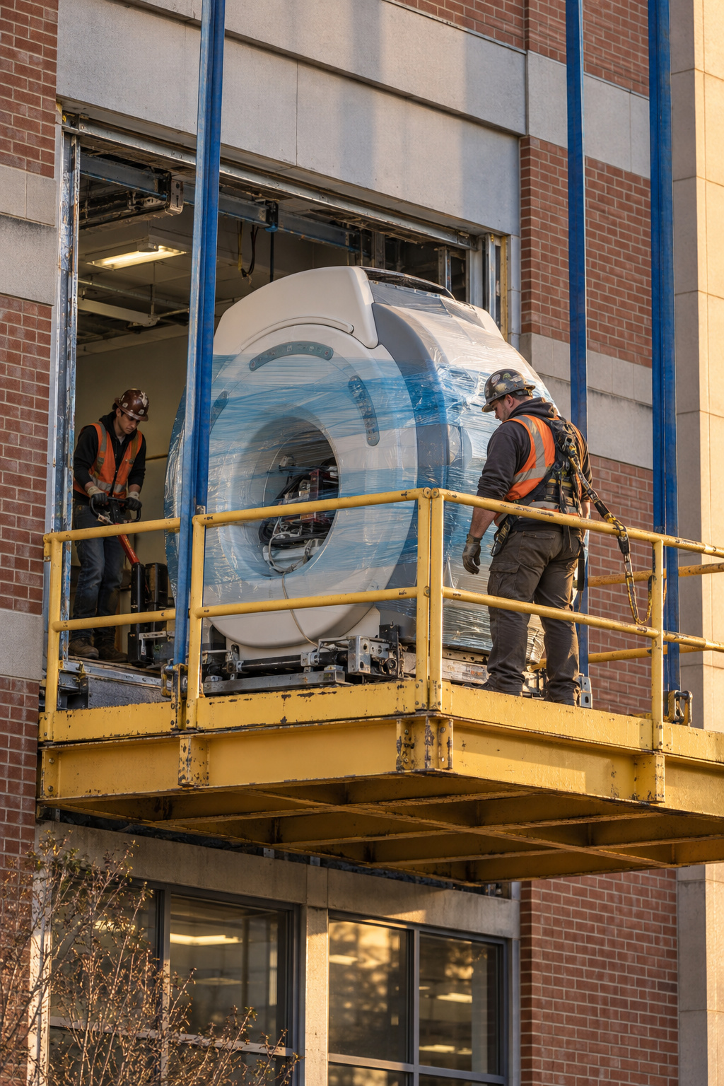 Two construction workers in safety gear operate a yellow industrial lift to move a large, wrapped medical imaging machine through a building opening.