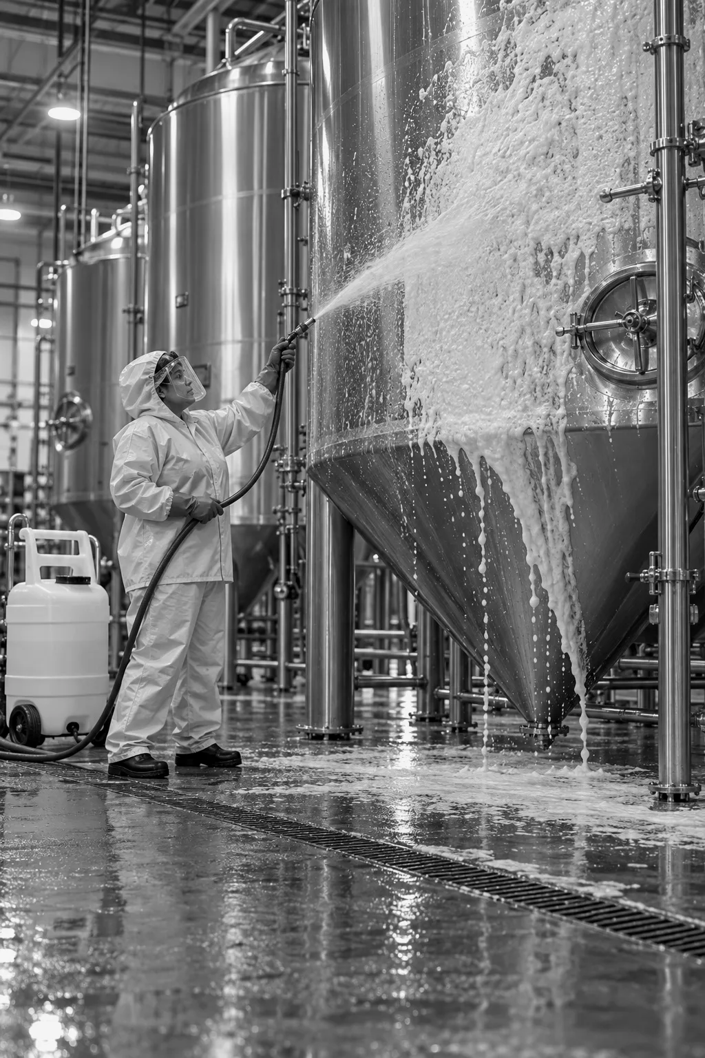 Person wearing protective suit and face shield cleaning a large stainless steel tank with a sprayer in an industrial facility.