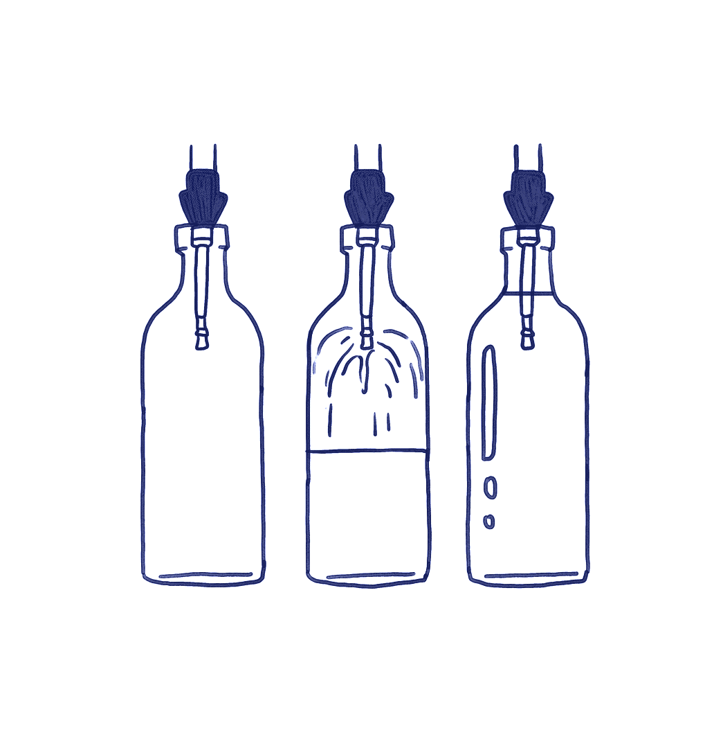 A line drawing of three empty glass bottles.