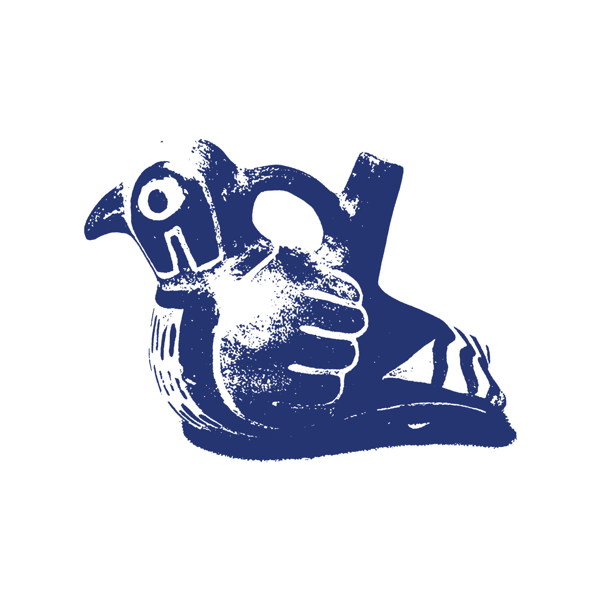 Blue-toned stylized bird figure with distinct eye and wing details on black background.