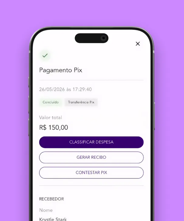 Tela de pagamento Pix confirmado de R$ 150,00 em 26/05/2026 com opções para classificar despesa ou gerar recibo.