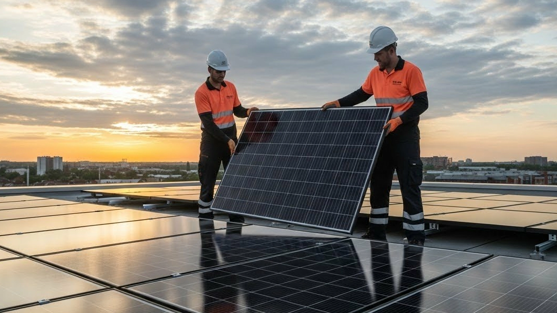 Dois profissionais instalando um painel solar em telhado comercial.