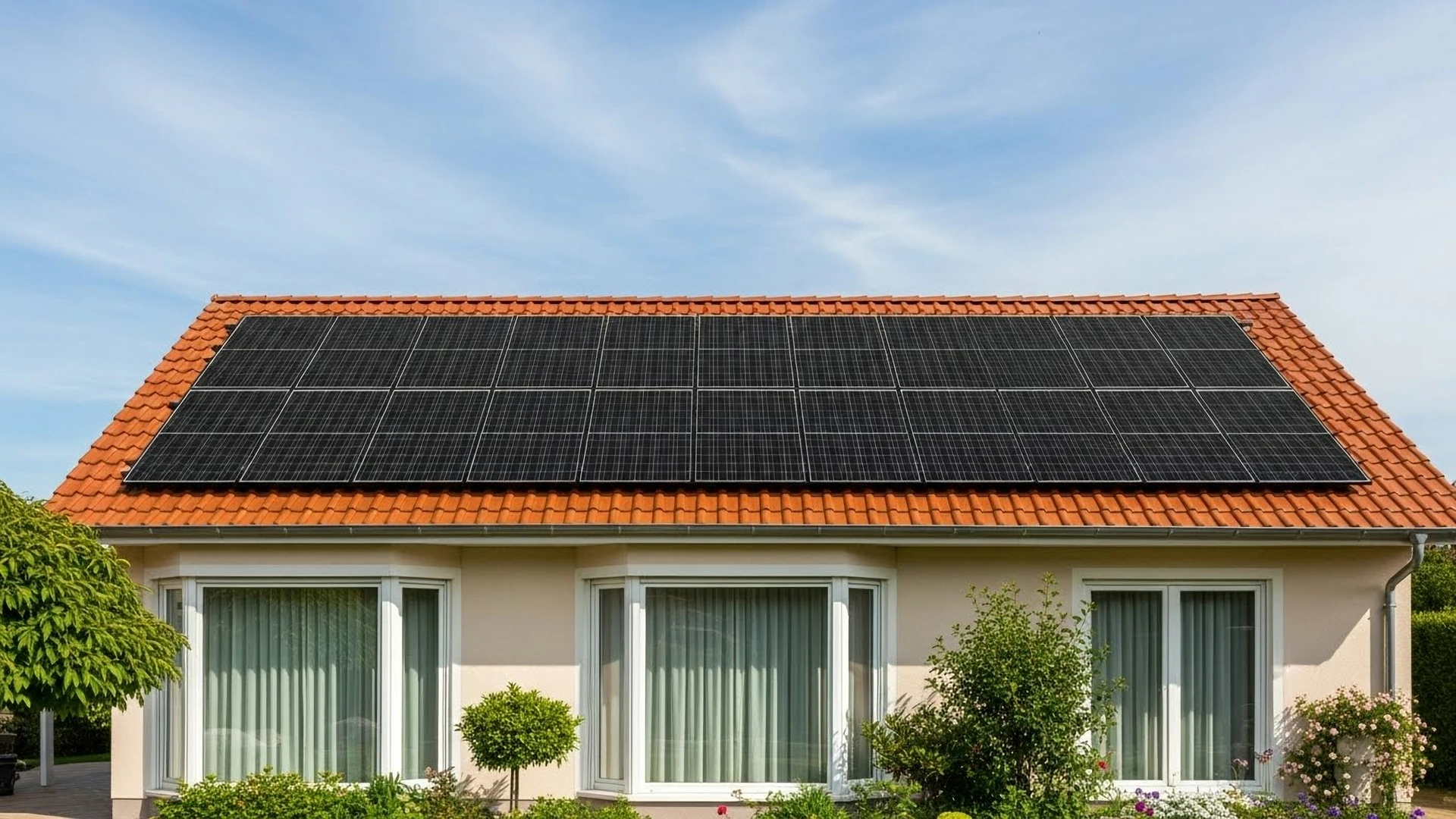 Telhado com instalação moderna de módulos fotovoltaicos.