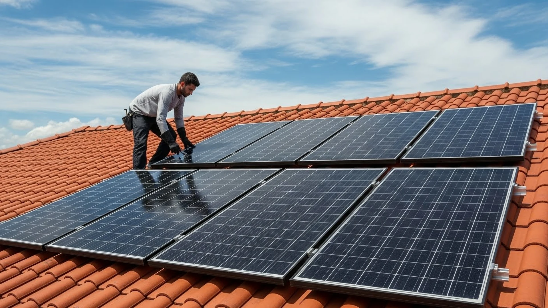 Profissional instalando um sistema de energia solar fotovoltaica