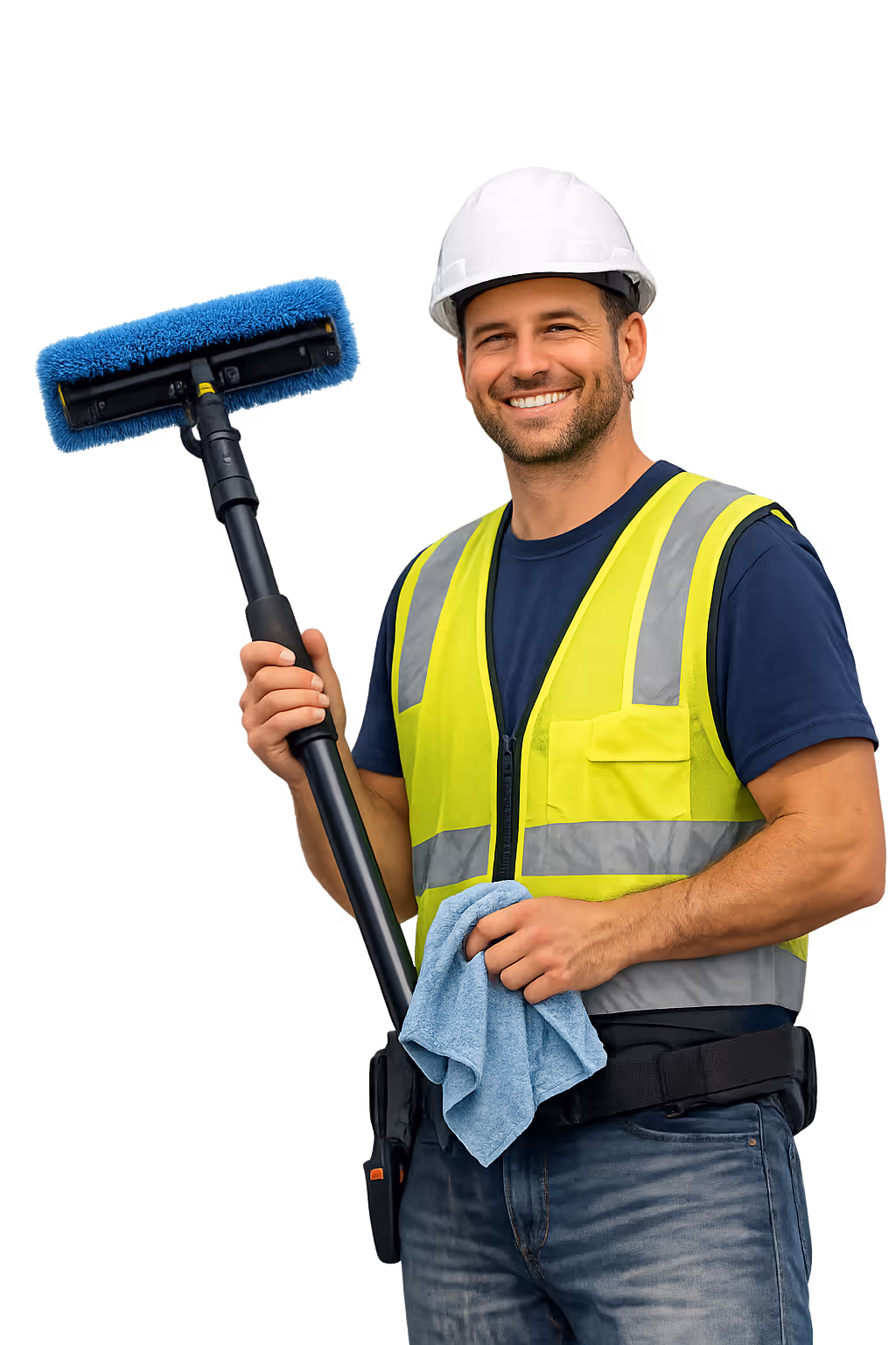Profissional com equipamentos adequados para realizar o serviço de limpeza de painéis solares.
