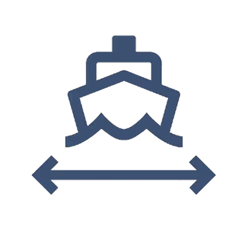 Icon of a ship viewed from the front with a double-headed horizontal arrow below indicating length.