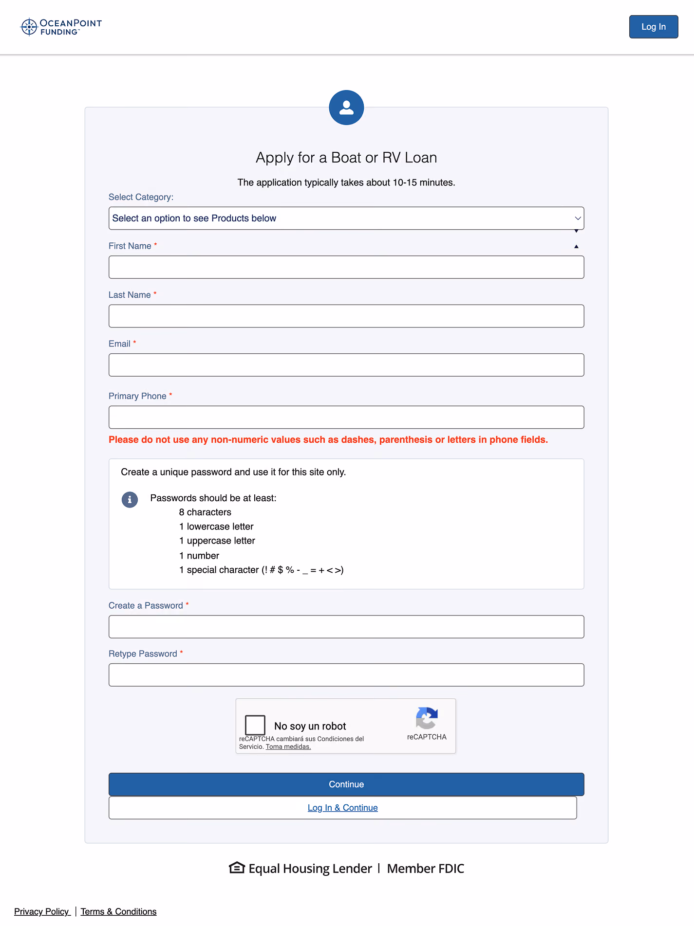 OceanPoint Funding application form screenshot