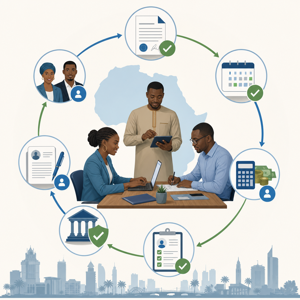 Professional business illustration showing an employment workflow process in West Africa, featuring elements like contract documents, payroll calendar, registration forms, and compliance checkmarks arranged in a circular flow diagram style, modern flat design with blue and green accent colors, clean and organized layout representing streamlined HR processes