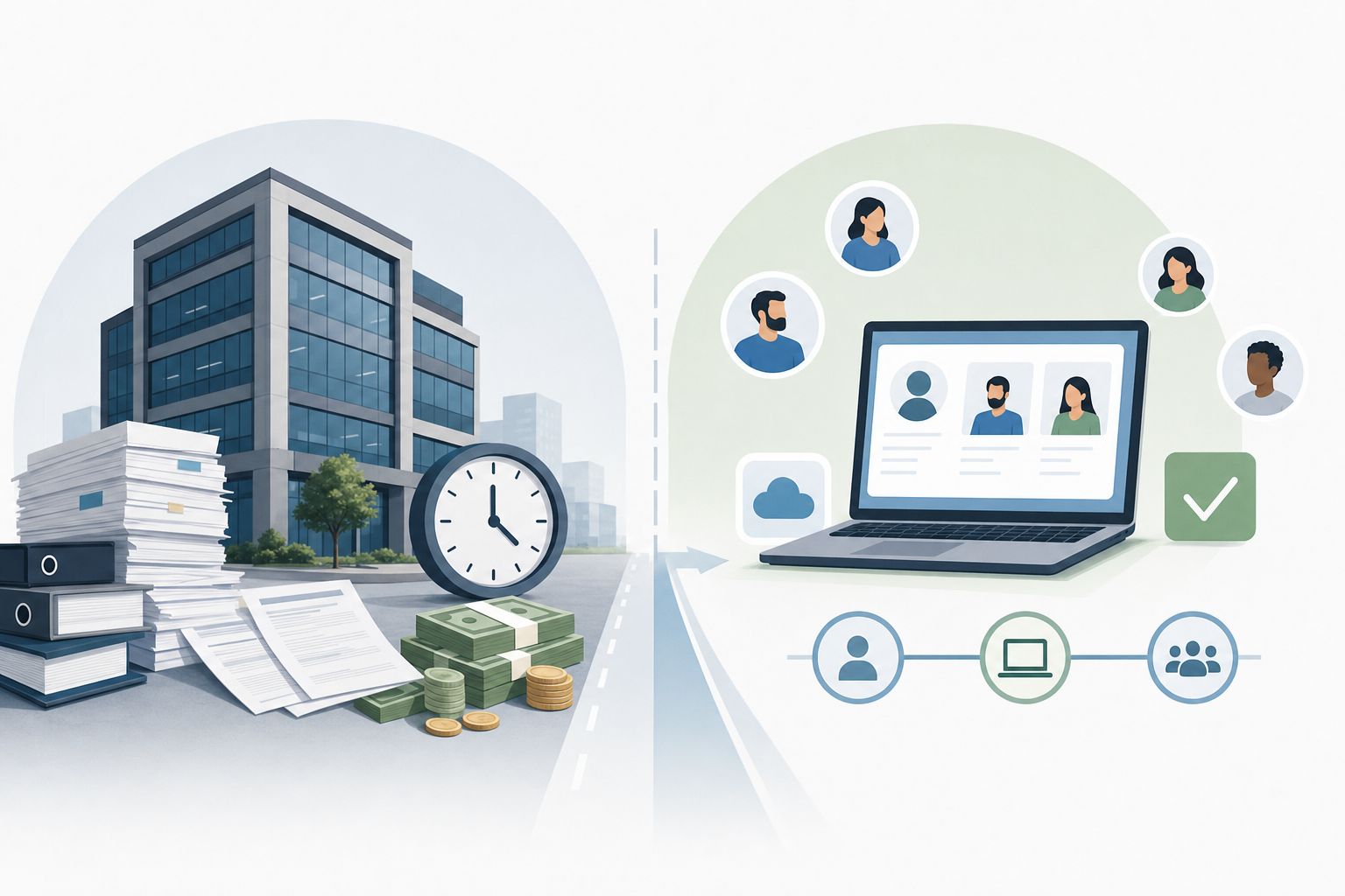 Professional business illustration showing a side-by-side comparison concept for hiring methods, featuring elements like a modern office building on one side representing a local entity setup with documents, clock showing time passage, and stacks of money representing costs, contrasted with a streamlined digital pathway on the other side showing speed and efficiency with minimal barriers, clean modern flat design style with blue and green accent colors, no text or letters
