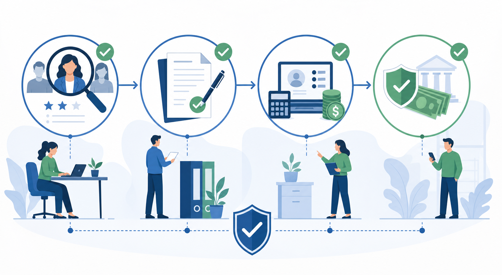A clean, modern illustration showing a streamlined employee onboarding and payroll workflow. Visualize the process with connected nodes or stages: candidate selection flowing to contract preparation, then to payroll setup, and finally to compliant payment processing. Use a professional color palette with blues and greens. Show documents, currency symbols, and checkmarks to represent contracts, payments, and compliance. Style: flat design, business illustration, minimal and professional, no text or letters.