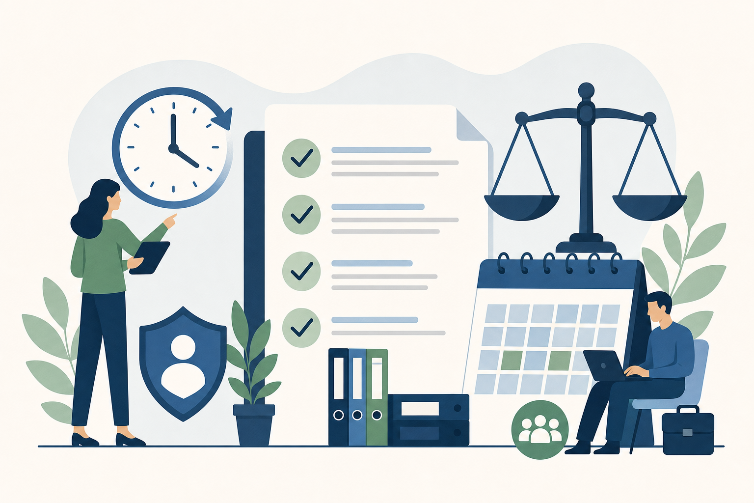 A professional illustration showing employment law and compliance concepts. Visualize elements representing labor regulations: a document with checklist items, a clock showing 40 hours, calendar pages for leave entitlements, and balance scales representing fair employment. Use a clean, modern business illustration style with a professional color palette of blues, greens, and neutrals. Flat design, minimal and organized layout, no text or letters.
