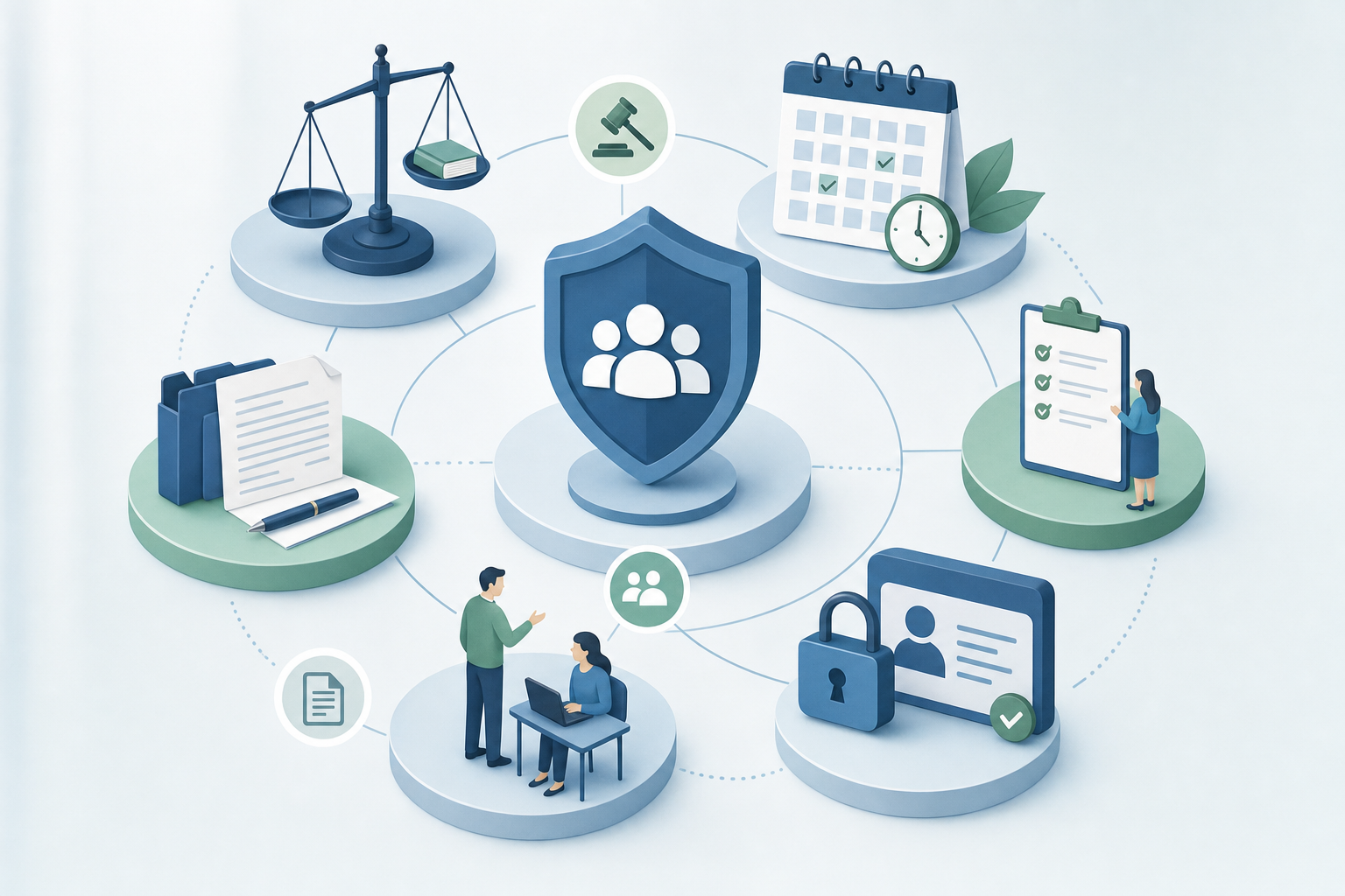 Professional illustration of employment compliance framework, showing interconnected elements representing labor laws, statutory leave entitlements, data protection, and worker rights. Clean business aesthetic with icons for contracts, calendars showing leave time, shield symbols for protection, and document symbols. Modern flat design style with blue and green color palette, organized in a circular or layered structure suggesting a comprehensive legal framework.