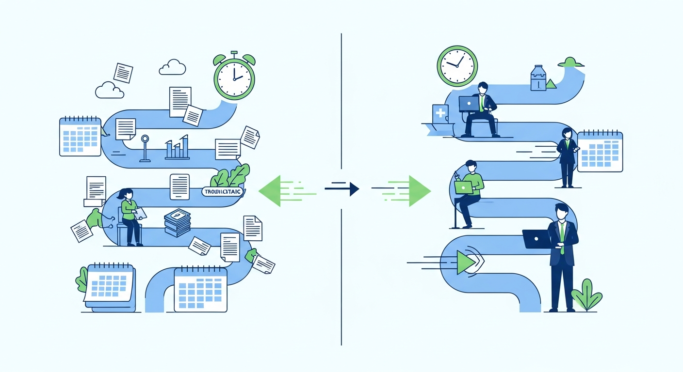 A modern, professional illustration showing two contrasting paths or timelines side by side. On the left side, a long winding path with multiple complex steps, documents, and bureaucratic obstacles representing a slow traditional process. On the right side, a streamlined, direct path with minimal steps showing speed and efficiency. Use a clean, minimalist design with blues and greens. Include visual metaphors like clocks, calendars, or speed indicators to emphasize time differences. No text, words, or letters.