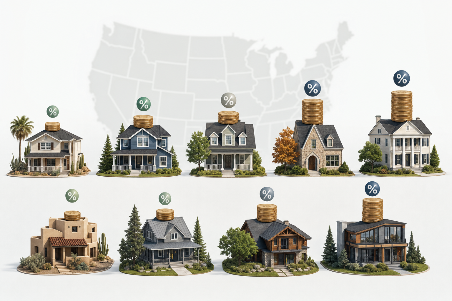 A clean, modern infographic-style illustration showing nine different houses representing different US states, each with a subtle visual indicator of property tax burden through varying heights of coins or percentage symbols floating above them. The houses should be arranged in a gentle arc or grid, with some houses showing lighter tax burden (fewer coins) and others showing heavier burden (more coins). Use a professional color palette with blues, greens, and neutral tones. Minimalist, business-friendly design without any text or numbers.
