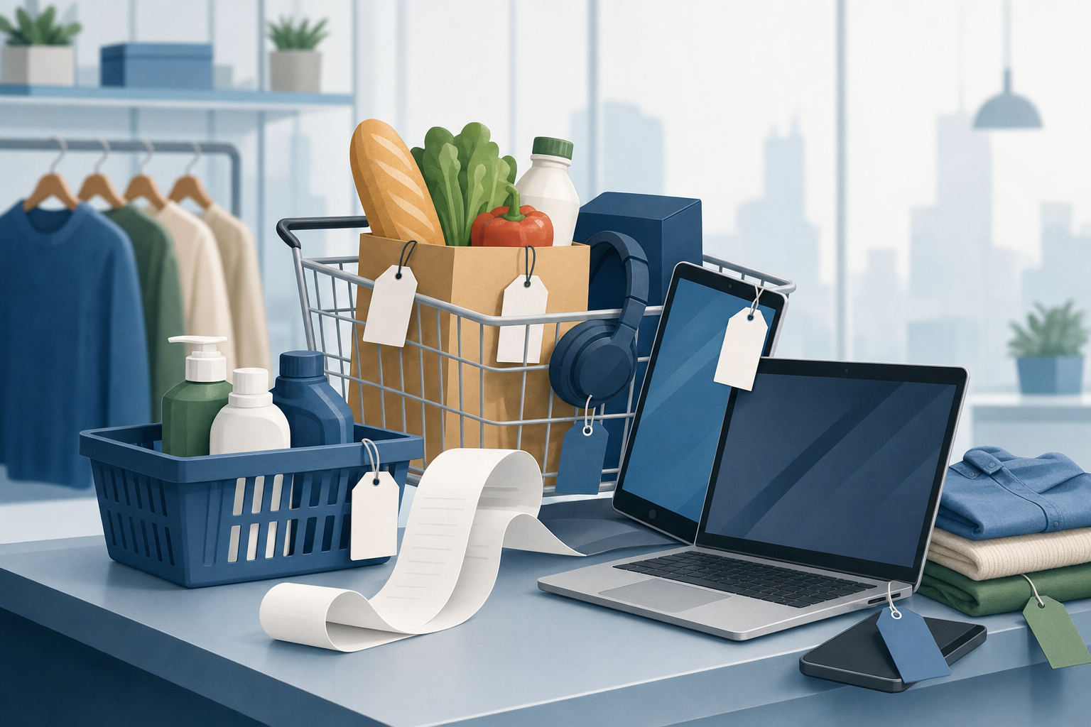 A clean, modern illustration showing a shopping scene with various everyday items like groceries, electronics, and clothing arranged on a checkout counter or shopping cart. Include visual elements suggesting pricing or cost comparison, such as price tags, receipt paper, or shopping baskets. Use a professional color palette with blues, greens, and neutral tones. Minimalist, business-friendly design without any text, numbers, or percentages. The style should convey the concept of consumer purchases and retail transactions in a simple, accessible way.