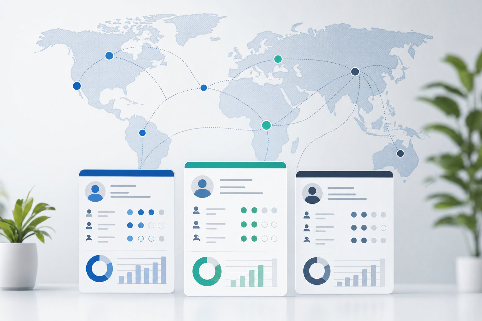 A clean, modern illustration showing a side-by-side comparison concept for global hiring platforms. Feature a world map in the background with connected nodes representing different countries. In the foreground, show abstract dashboard interfaces or comparison cards arranged in a balanced layout, using professional blues, greens, and neutrals. The style should be minimalist, business-focused, and convey the idea of evaluating multiple international HR solutions. No text or letters should appear in the image.