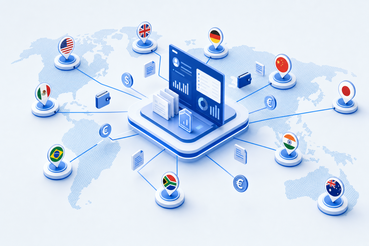 A modern, clean illustration showing a global payroll system concept: a central digital dashboard or platform in the middle, with connection lines radiating outward to multiple country flags or map markers representing different nations across continents. Include visual elements like currency symbols, payment icons, and digital document icons flowing between the central hub and the countries. Use a professional blue and white color scheme with subtle gradients. Isometric or flat design style, tech-forward and clean, no text or letters.