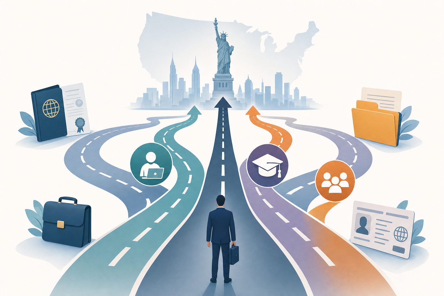 A clean, professional illustration showing different pathways or roads converging, representing various US work visa routes. Include visual symbols like passports, documents, briefcases, and directional arrows showing different paths. Use a modern, minimalist style with a professional color palette of blues, grays, and accent colors. The image should convey the concept of multiple options and pathways for international workers entering the US workforce. No text, letters, or words.