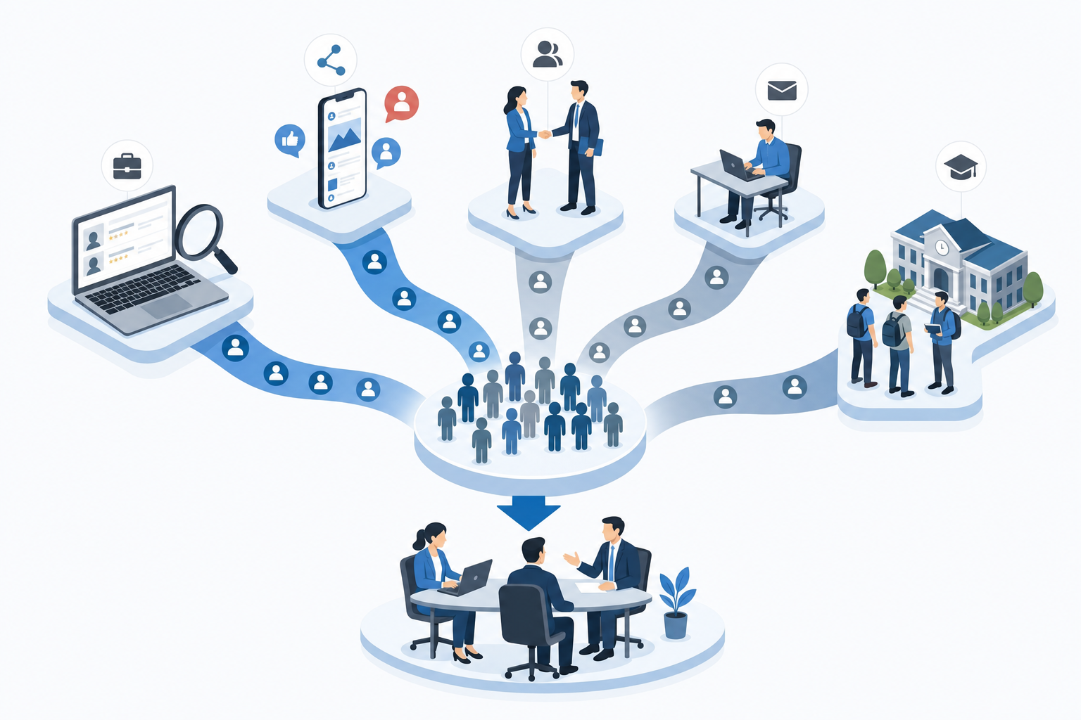 A professional business illustration showing multiple external recruitment channels converging together. Include visual representations of job boards, social media platforms, recruitment agencies, direct outreach, and campus recruiting as distinct pathways or streams flowing toward a central point. Use clean, modern design with blue and gray colors. Isometric or flat illustration style. No text or letters.