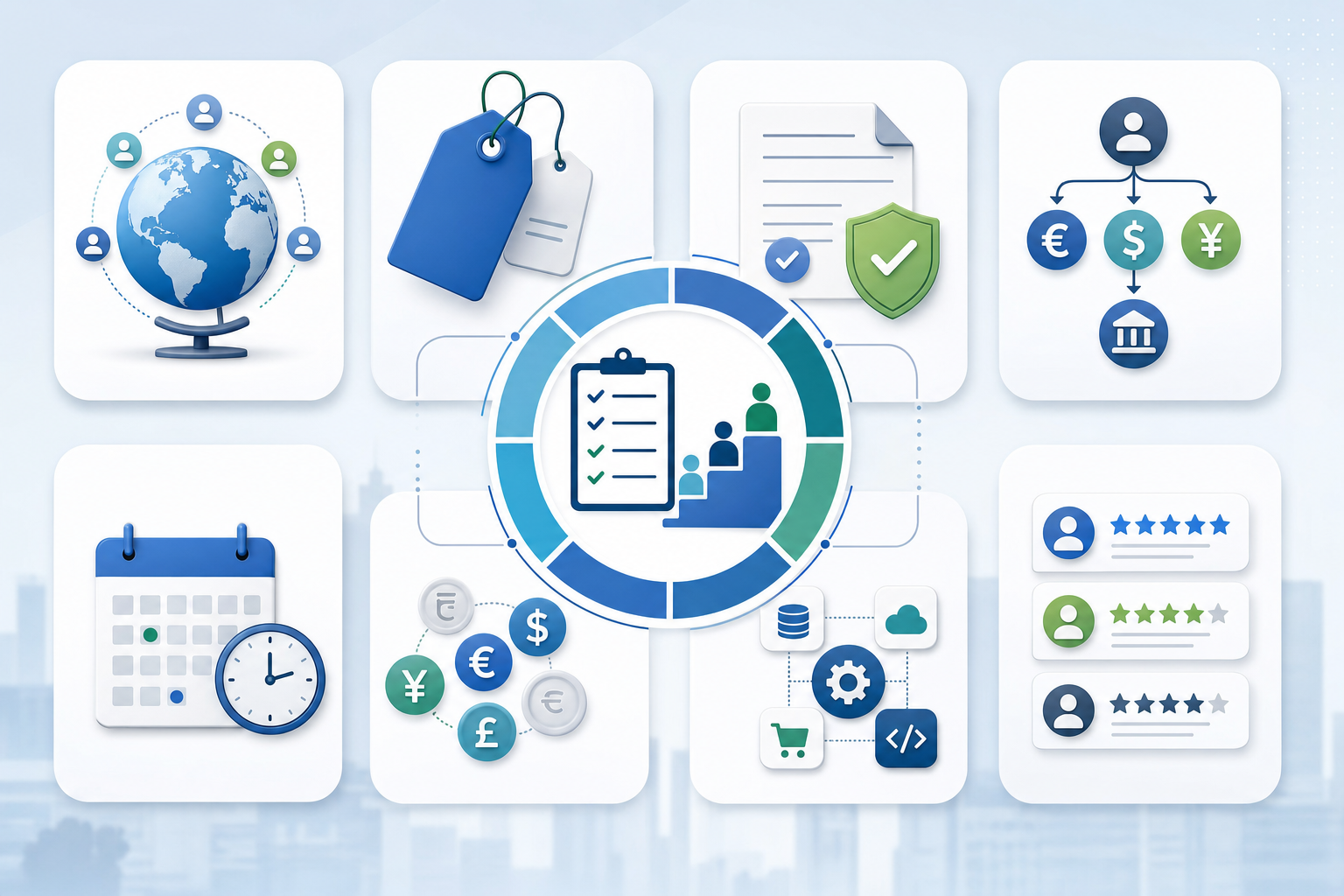 A clean, professional illustration showing evaluation criteria and ranking methodology. Feature eight distinct categories represented as organized cards or pillars: country coverage with globe icons, pricing transparency with clear price tags, tax compliance with checkmarks and documents, payment workflows with currency symbols, onboarding speed with calendar/clock, multi-currency processing with various currency symbols, integration with connected system icons, and user reviews with star ratings. Use a modern business style with blues, greens, and white. Arrange elements in a balanced, organized grid or circular pattern. No text or letters.