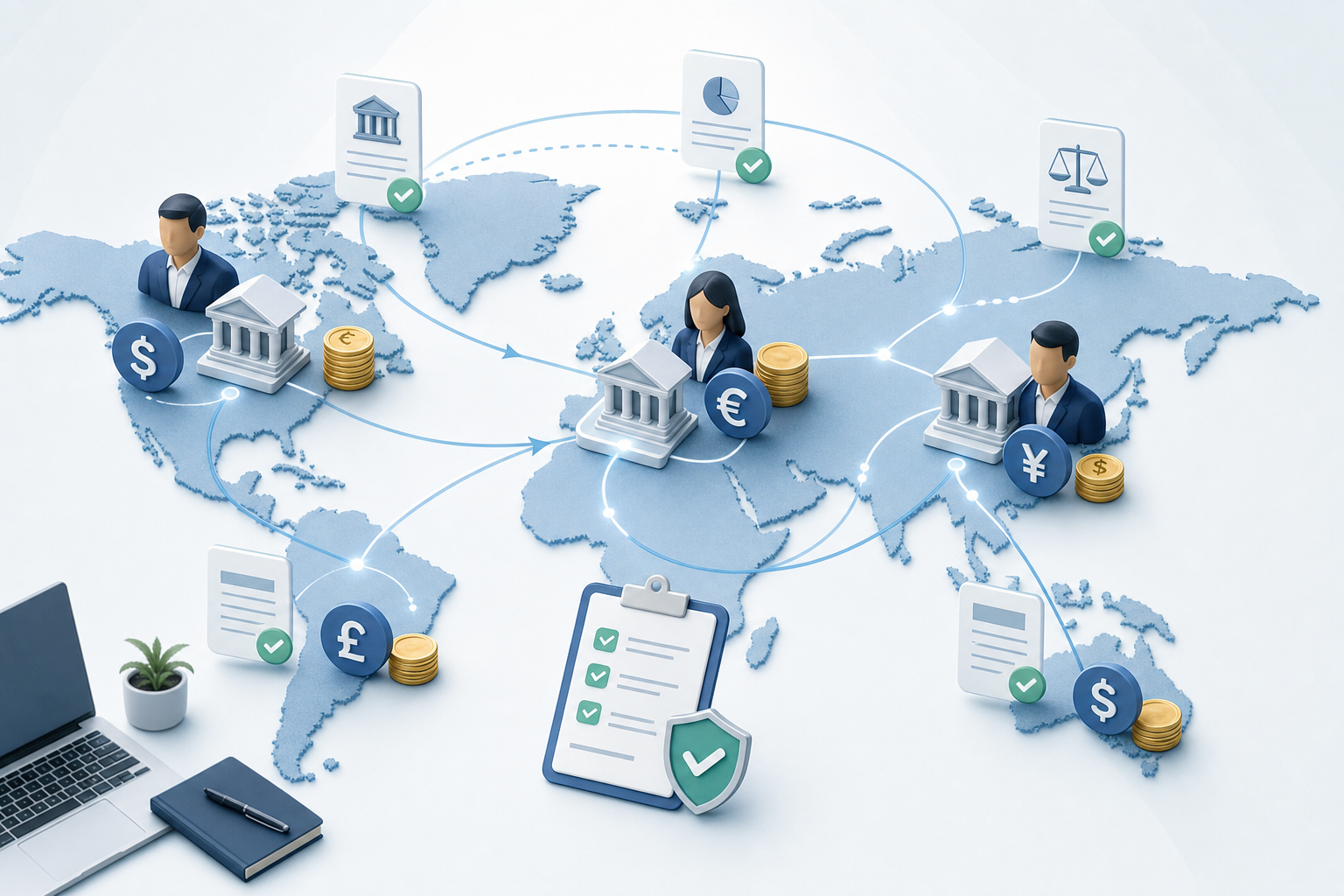 A modern, clean illustration showing a global business concept with multiple countries connected by payment flows. Feature a world map with various currencies, tax documents, and compliance checkmarks flowing between different regions. Use a professional business style with blues, greens, and white. The image should convey complexity being simplified into organized workflows. No text or letters.