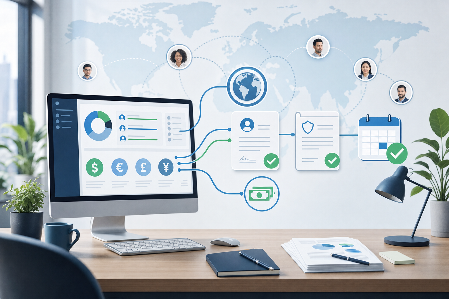 A modern, clean illustration showing a streamlined global hiring workflow: a professional desk setup with a computer displaying payroll dashboard with currency symbols and payment flows, connected by flowing lines to documents representing employment contracts and compliance checkmarks, and a calendar showing fast timeline, all in a professional blue and green color scheme with an international business aesthetic
