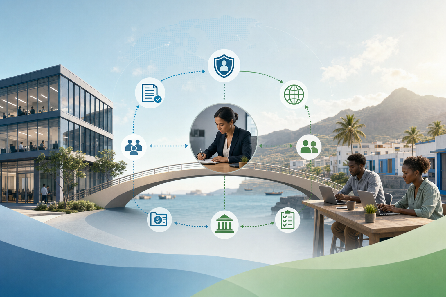 Modern professional illustration showing the employer of record concept: a bridge or connection between a global company office building on one side and local workers in Cape Verde on the other side, with a third-party EOR entity in the middle facilitating the relationship. Clean, minimalist design with blue and green tones, showing documents, payroll symbols, and compliance checkmarks flowing through the connection. African Atlantic island scenery subtle in background. Corporate, professional style.