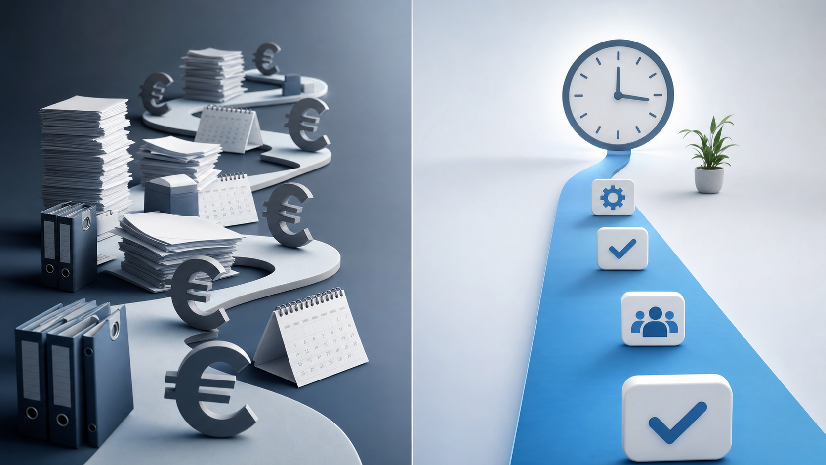 A modern, professional business illustration showing cost comparison concept. Split composition with two sides: left side showing a complex, expensive path with stacks of documents, calendar pages, and euro currency symbols representing high costs and long timelines; right side showing a streamlined, efficient path with simplified icons, checkmarks, and a clock showing quick turnaround. Clean corporate style with blue and white color scheme suggesting clarity and decision-making. Abstract and conceptual, no text or letters.