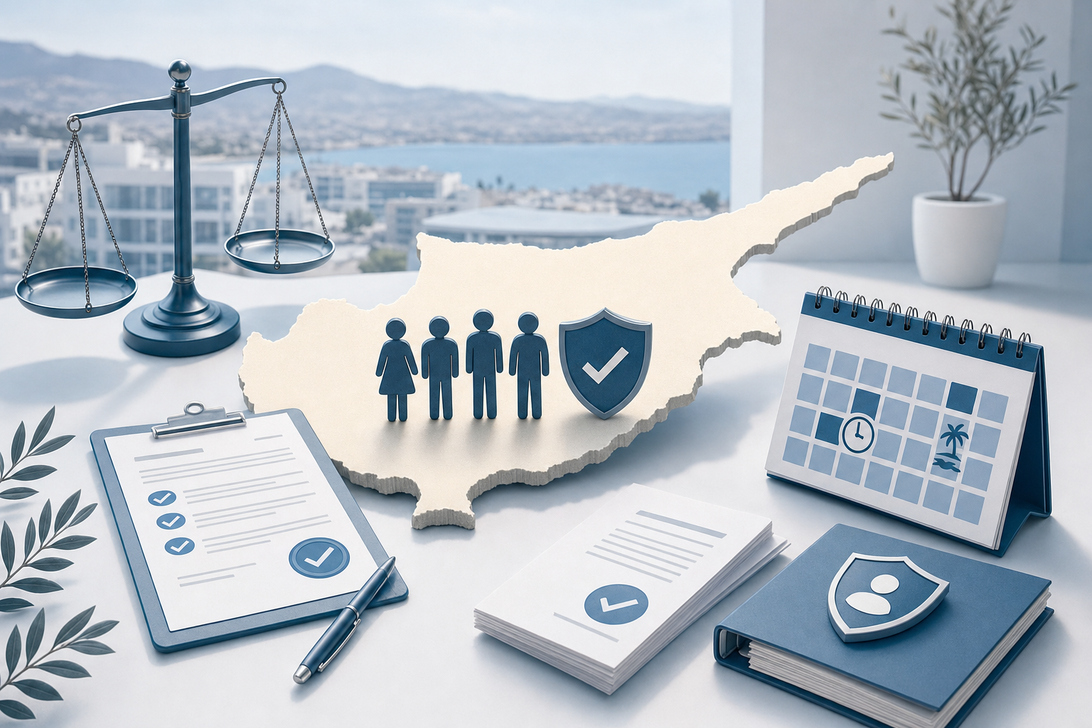 A modern, professional illustration showing Cyprus employment law and compliance concept. Features a Mediterranean island outline of Cyprus with symbolic elements representing legal compliance: balanced scales of justice, official documents with checkmarks, calendar pages showing working hours and leave days, and protective shield icons. Clean, corporate style with blue and white color scheme suggesting trust and professionalism. No text or letters in the image.