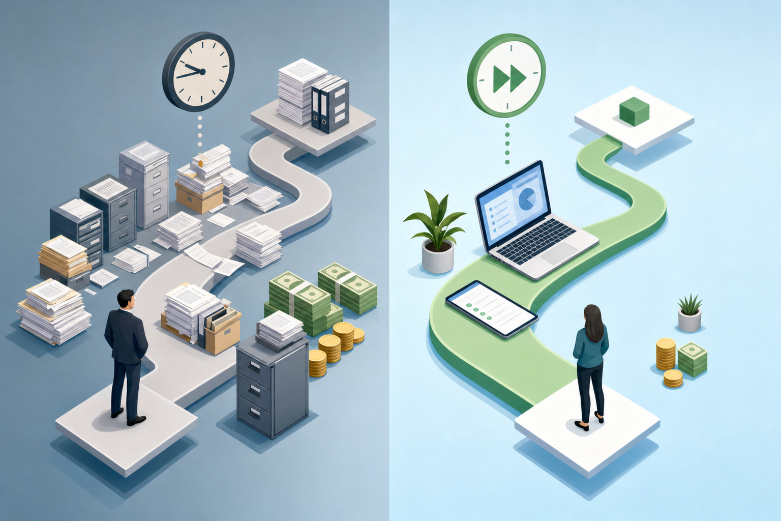 A professional business illustration comparing two paths side by side: on the left, a complex traditional route with stacked paperwork, filing cabinets, clock showing slow time, and dollar bills representing high costs; on the right, a streamlined modern digital path with a laptop, fast-forward clock symbol, and minimal cost indicators. Use a clean isometric or flat design style with a professional color palette of blues, greens, and grays. The image should convey the concept of efficiency versus complexity in a business decision, with clear visual contrast between the two approaches. No text or words in the image.