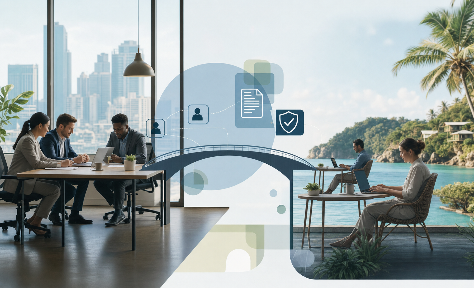 A professional business illustration showing the concept of employer of record services, featuring a modern office setting with a bridge or connection between a company office and remote workers in a tropical Caribbean island setting, clean minimalist style, blue and green color palette, geometric shapes representing legal and administrative documentation flowing between entities