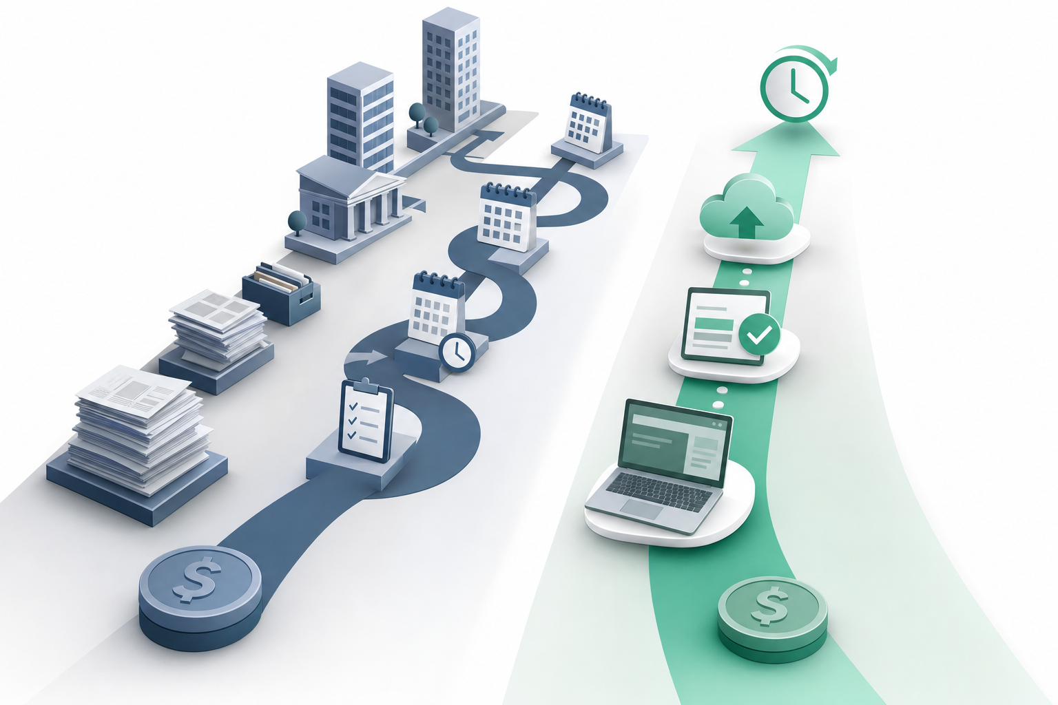 A clean business illustration comparing two paths side by side, one showing a complex traditional route with stacks of documents, office buildings, and long timelines represented by calendar icons, the other showing a streamlined modern route with simplified digital elements and quick turnaround symbols, professional minimal style, blue and green color palette, geometric shapes, cost comparison concept