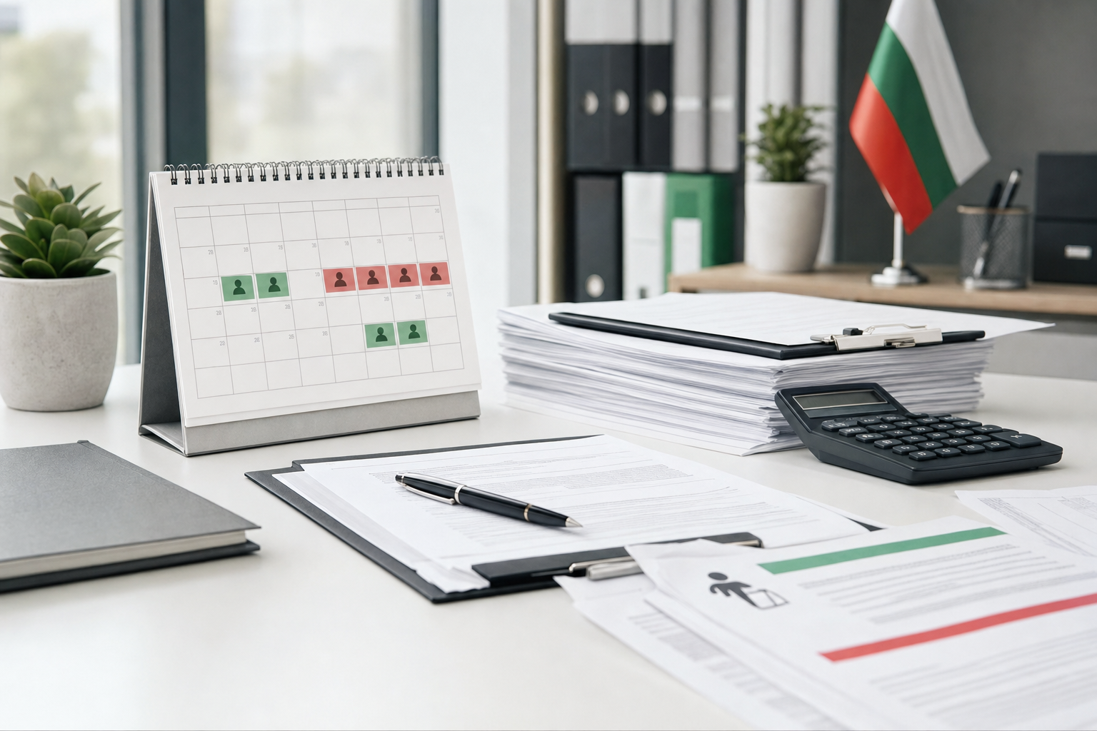 Professional business illustration showing employment compliance concepts: a clean desk setup with documents, calendar showing working hours and leave days, calculator for tax calculations, and official government forms, all arranged in an organized manner with Bulgarian flag colors (white, green, red) as subtle accent elements in the background, modern flat design style, bright and professional lighting