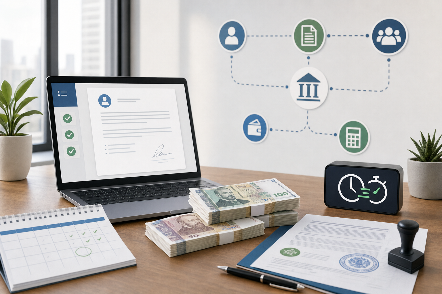 Modern professional illustration of a streamlined payroll and hiring workflow: a clean desk setup with a laptop displaying a digital contract document, stacks of Bulgarian lev currency notes, a calendar marked with payroll dates, official government registration documents, and a digital clock showing fast processing time. Include visual elements representing smooth workflow like connected nodes or a flowchart in the background. Modern flat design style with blue and green accent colors, bright professional lighting, organized and efficient atmosphere.