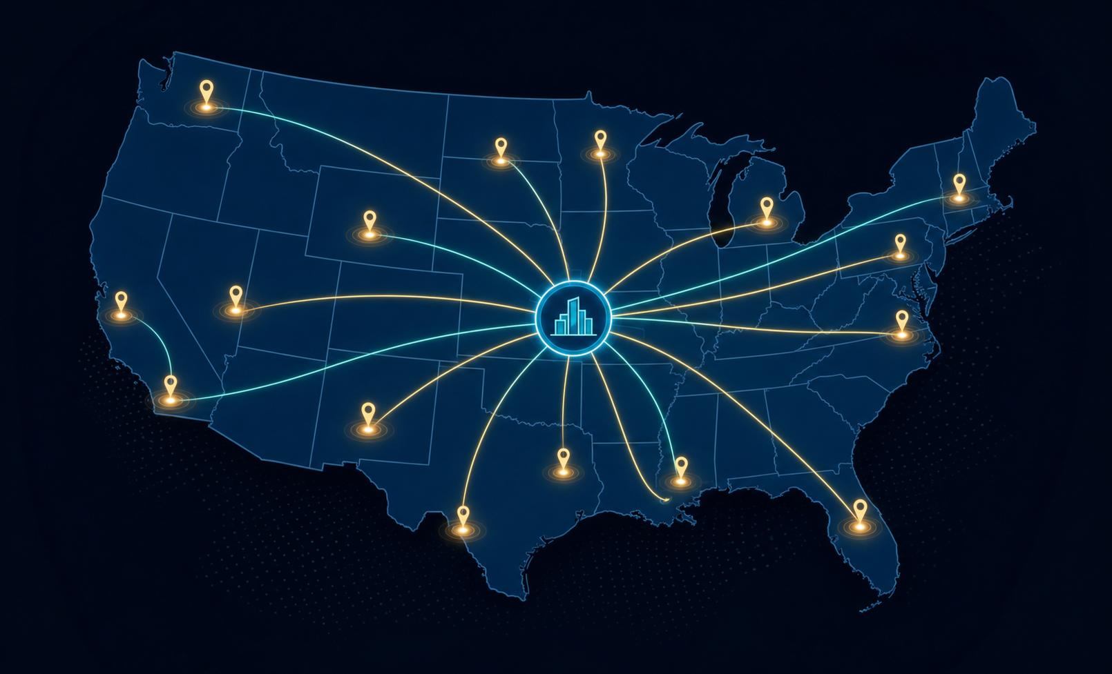 A clean, modern illustration showing a stylized map of the United States with glowing connection lines radiating outward from multiple scattered location pins across different states, representing remote workers in various locations. Each pin pulses with a soft light, and the connecting lines converge toward a central business hub icon. The overall color palette uses deep navy blue with bright teal and gold accent lines on a dark background, flat geometric design style, no text or labels anywhere.